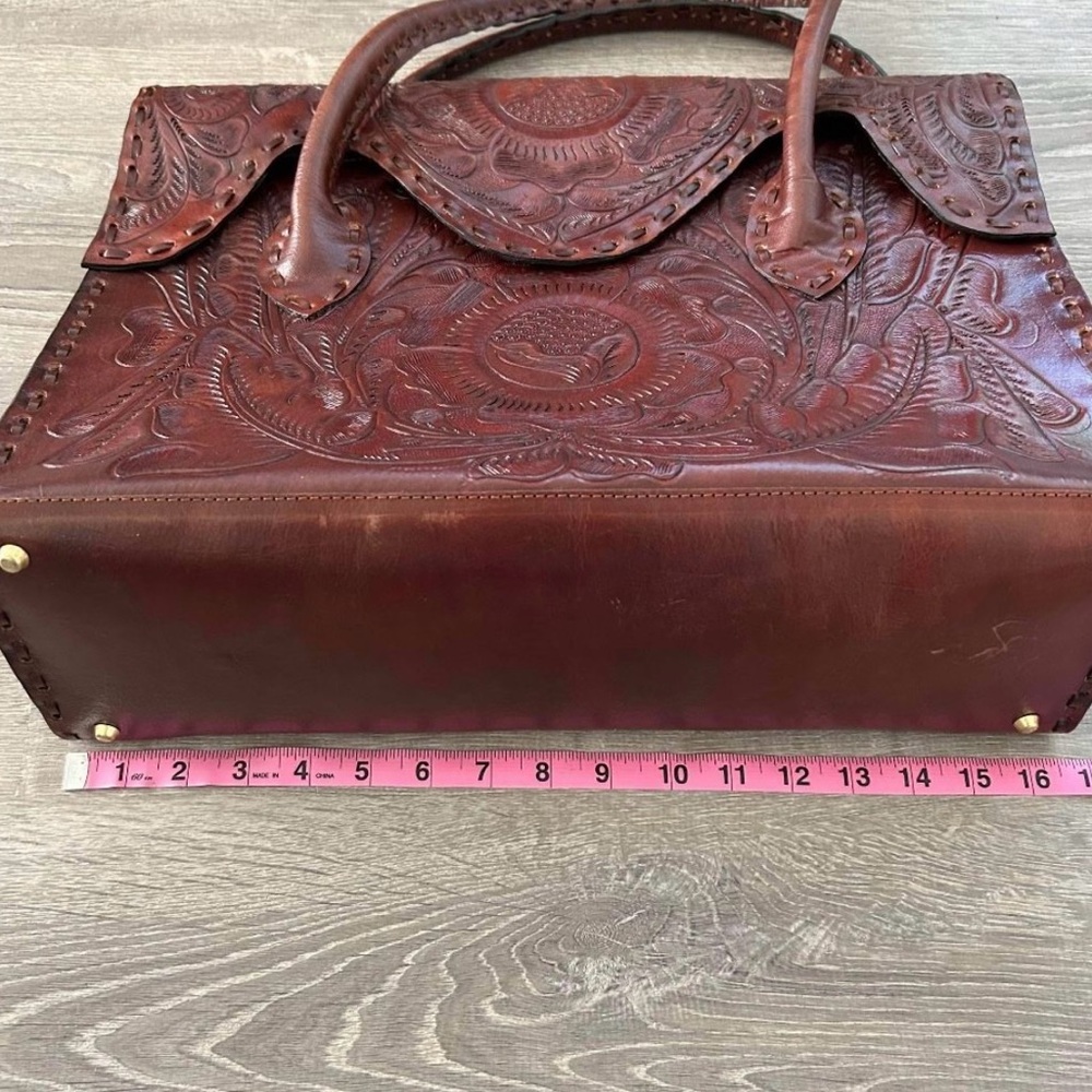 Large Top Handle Messenger Satchel Handtooled Leather Bag - Picture 3 of 12
